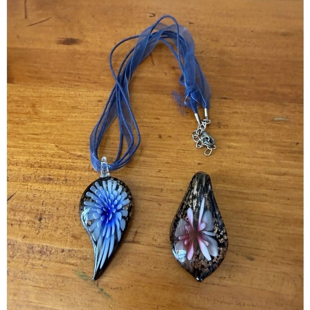 Murano Style Art Glass Blue Floral Pendant Necklace Lampwork Glass Bonus Pendant